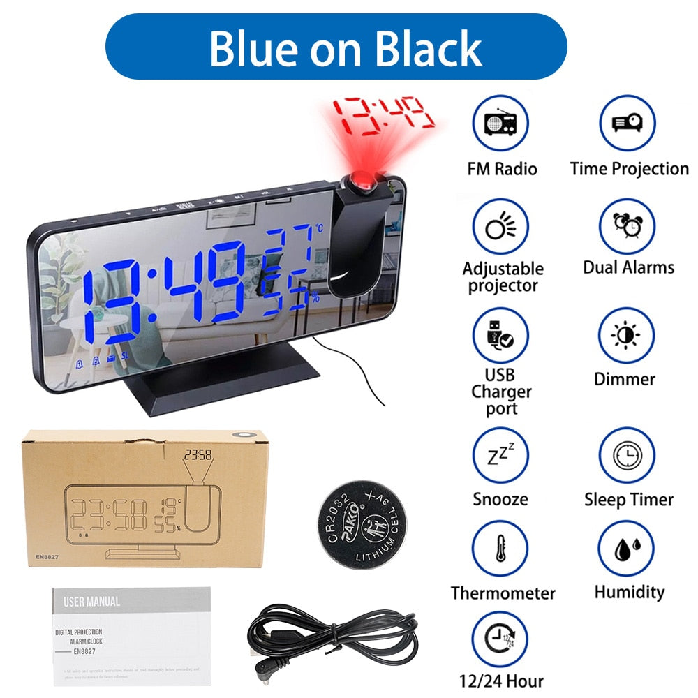 Digital Smart LED Projector Alarm Clock with USB charger and FM Radio